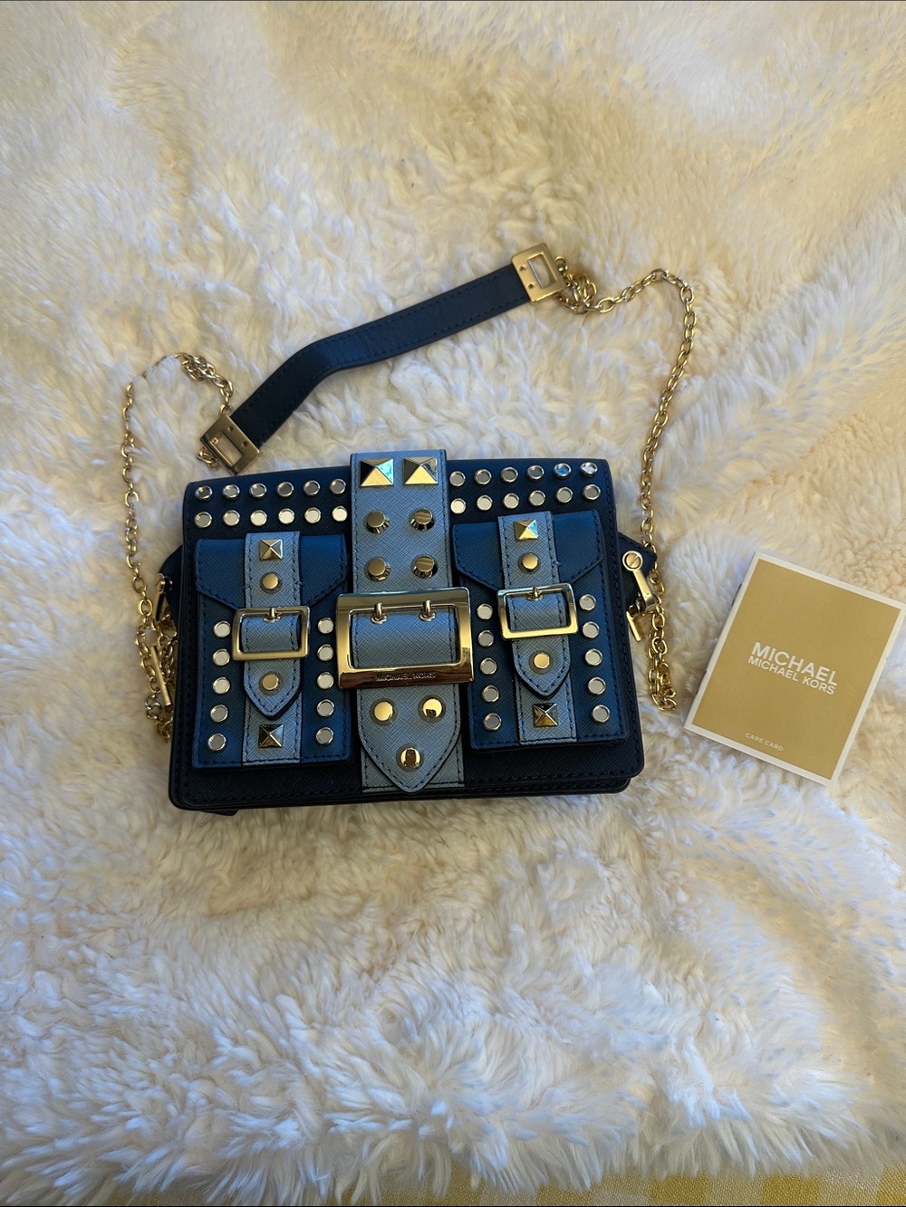 MICHAEL Michael Kors Navy Blue Leather Studded Crossbody with Gold Hardware